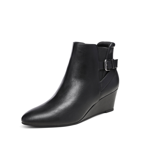 Pointed Toe Wedge Heel Ankle Booties - BLACK PU -  0